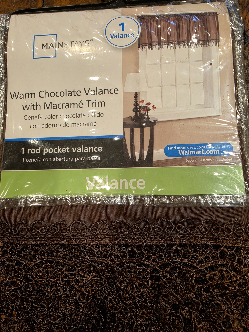 Mainstays Warm Chocolate Valance with Macramé Trim - Chocolate